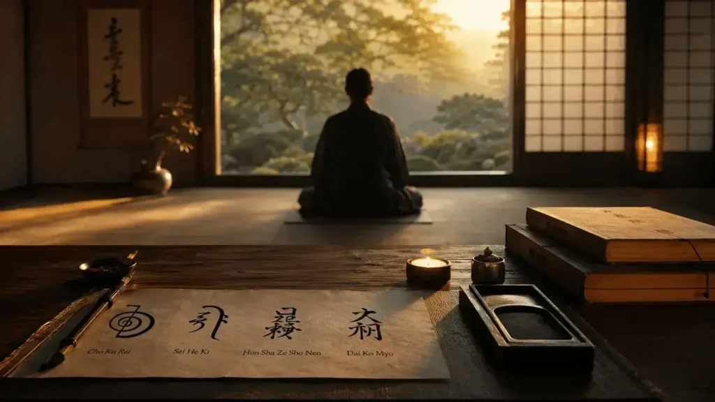 Mestre de Reiki meditando em um tradicional ambiente japonês iluminado pela luz dourada do amanhecer, enquanto antigos símbolos do Reiki estão desenhados sobre um pergaminho ao lado de pincel de caligrafia, livros e utensílios orientais, representando a história, o significado e a origem dos símbolos do Reiki em um cenário ultrarrealista e cinematográfico