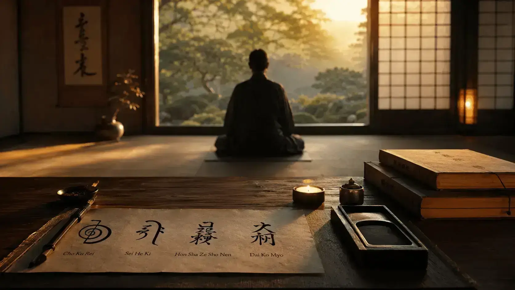 Mestre de Reiki meditando em um tradicional ambiente japonês iluminado pela luz dourada do amanhecer, enquanto antigos símbolos do Reiki estão desenhados sobre um pergaminho ao lado de pincel de caligrafia, livros e utensílios orientais, representando a história, o significado e a origem dos símbolos do Reiki em um cenário ultrarrealista e cinematográfico
