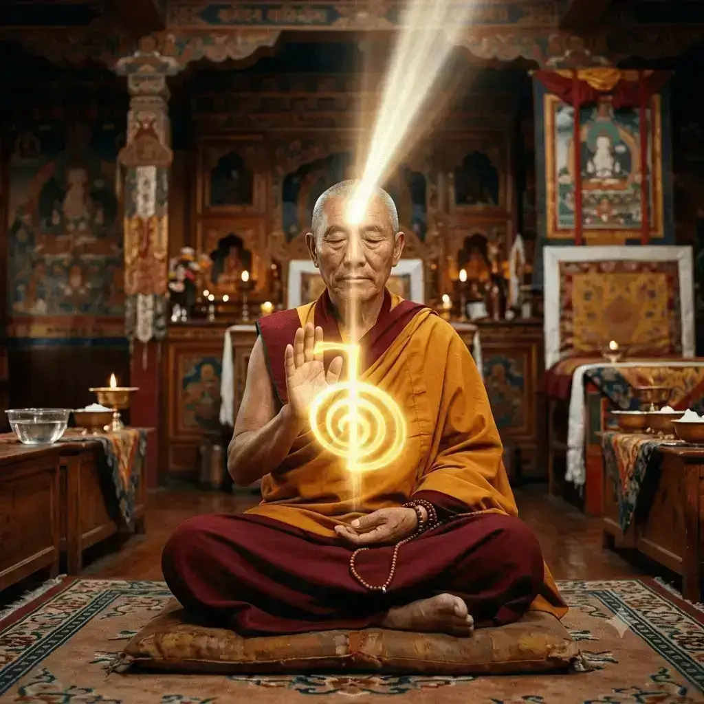 Representação artística da origem dos símbolos do Reiki mostrando um monge em profunda meditação em um templo budista, com um símbolo luminoso de Reiki irradiando energia e simbolizando a tradição espiritual do método de Mikao Usui