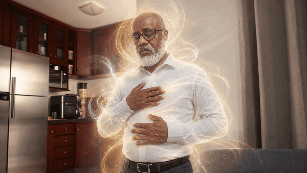 AUTOTRATAMENTO REIKI: TRADICIONAL VS OCIDENTAL PARA EQUILÍBRIO DIÁRIO 3 Homem de camisa branca e calça social realiza autotratamento reiki com as mãos sobre o tórax, em cena ultrarrealista e cinematográfica, com energia fluindo pela cabeça, tronco e membros.