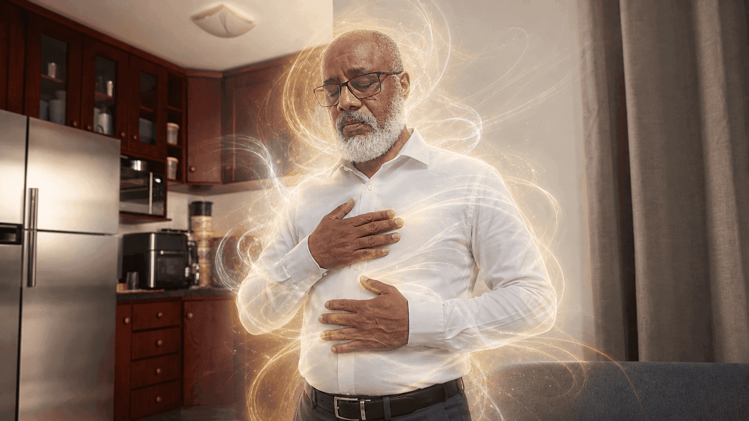 Homem de camisa branca e calça social realiza autotratamento reiki com as mãos sobre o tórax, em cena ultrarrealista e cinematográfica, com energia fluindo pela cabeça, tronco e membros.