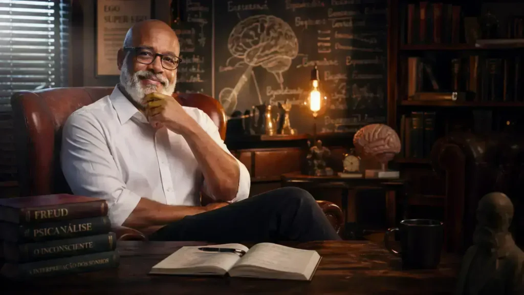 A História da Psicanálise: Origem, Evolução e Relevância na Psicologia 3 História da psicanálise com homem em ambiente de estudo, livros de Freud e referências à teoria psicanalítica
