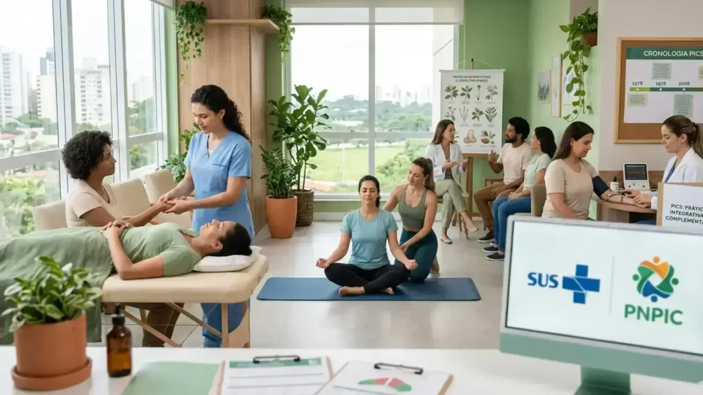 mostrando pacientes e profissionais participando de diversas Práticas Integrativas e Complementares em Saúde, com logotipos do SUS e PNPIC e linha do tempo histórica