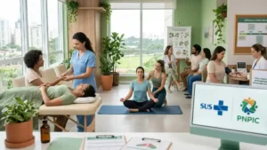 mostrando pacientes e profissionais participando de diversas Práticas Integrativas e Complementares em Saúde, com logotipos do SUS e PNPIC e linha do tempo histórica