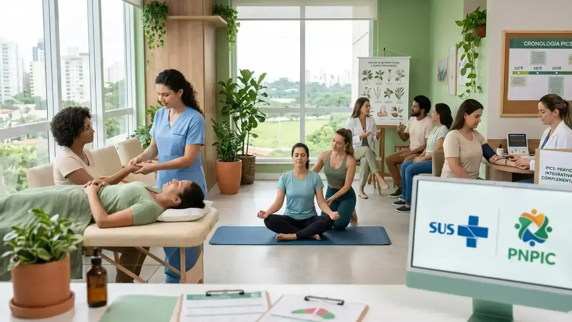 mostrando pacientes e profissionais participando de diversas Práticas Integrativas e Complementares em Saúde, com logotipos do SUS e PNPIC e linha do tempo histórica