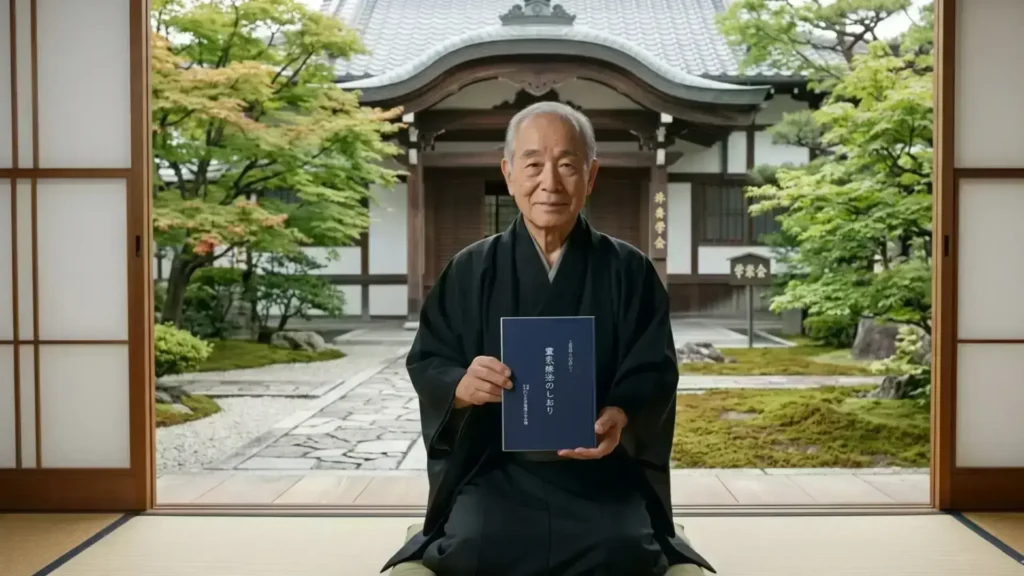 Mestre Hiroshi Doi segurando o manual original do Reiki tradicional japonês, o Usui Reiki Ryoho No Shiori, em um ambiente que remete à associação Gakkai