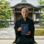 Mestre Hiroshi Doi segurando o manual original do Reiki tradicional japonês, o Usui Reiki Ryoho No Shiori, em um ambiente que remete à associação Gakkai