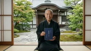 Mestre Hiroshi Doi segurando o manual original do Reiki tradicional japonês, o Usui Reiki Ryoho No Shiori, em um ambiente que remete à associação Gakkai