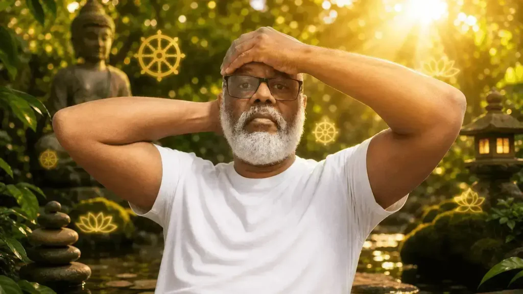 Homem com camiseta branca em ambiente budista e natural, ilustrando o seiheki chyrio no tratamento de hábitos