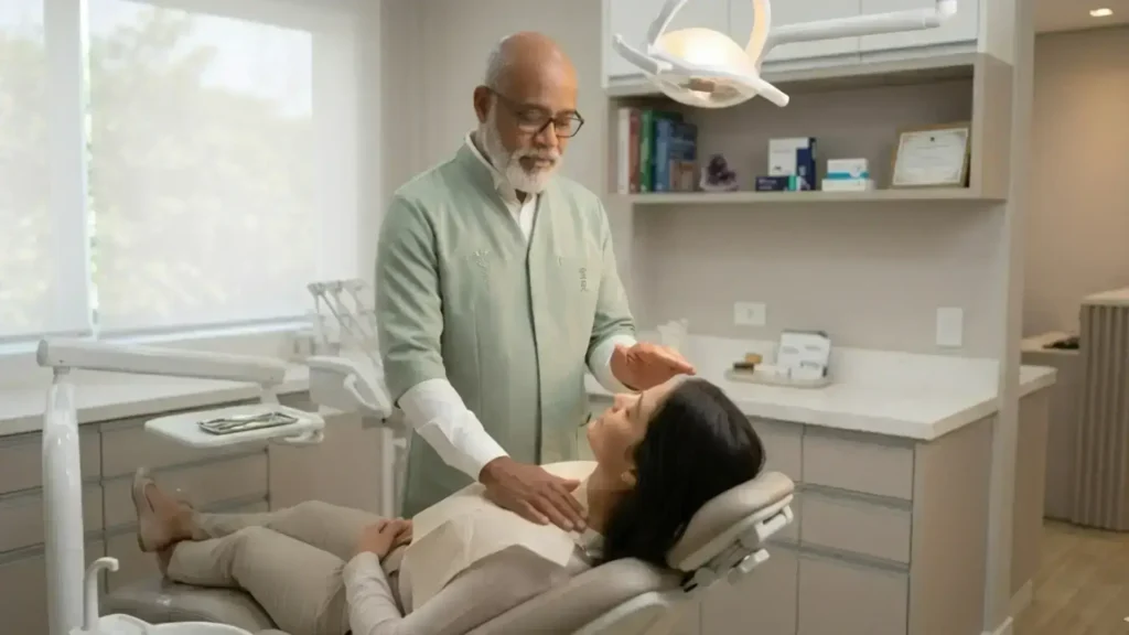 Terapeuta sênior realizando aplicação sutil de Reiki na odontologia em paciente relaxada na cadeira clínica, demonstrando o protocolo de redução de ansiedade e medo de dentista