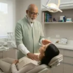 Terapeuta sênior realizando aplicação sutil de Reiki na odontologia em paciente relaxada na cadeira clínica, demonstrando o protocolo de redução de ansiedade e medo de dentista