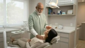 Terapeuta sênior realizando aplicação sutil de Reiki na odontologia em paciente relaxada na cadeira clínica, demonstrando o protocolo de redução de ansiedade e medo de dentista