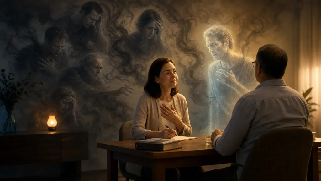 Cena ultrarrealista de terapia dialogação com os espíritos em reunião mediúnica, mostrando espíritos em sofrimento e uma atmosfera espiritual impactante de cura, orientação e libertação.