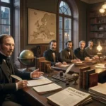 Fotografia cinematográfica realista de uma reunião no século XIX dentro de uma biblioteca parisiense iluminada por lâmpadas a gás. À esquerda, Allan Kardec, um homem de meia-idade com óculos e bigode, está sentado à sua mesa de madeira escura com uma pena na mão, gesticulando em direção a pilhas de jornais intitulados 'Revue Spirite'. Ao longo de uma grande mesa retangular, um grupo de homens e mulheres em trajes formaenciais da época observa atentamente, fazendo anotações. Ao fundo, uma janela exibe uma rua de Paris com carruagens, e na parede há um mapa antigo da Europa com marcações.