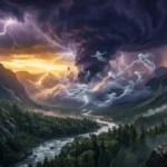 Ilustração cinematográfica de Allan Kardec observando uma tempestade na montanha para investigar a ação dos Espiritos da Natureza no Espiritismo