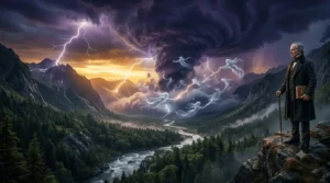 Portal Escola da Vida Maior 6 Ilustração cinematográfica de Allan Kardec observando uma tempestade na montanha para investigar a ação dos Espiritos da Natureza no Espiritismo