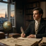 Hippolyte Léon Denizard Rivail em seu escritório no século XIX, sentado à mesa com livros antigos, mapas e uma pena na mão. O homem, com a fisionomia fiel aos seus retratos históricos, veste trajes de época e olha pensativo para o lado. Ao fundo, uma janela aberta revela a paisagem urbana francesa e estantes cheias de livros completam o cenário intelectual.