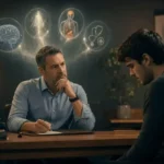 Sessão de terapia com terapeuta ouvindo consulente entristecido, enquanto quatro elementos visuais flutuam acima representando os eixos do Diagnóstico Holístico Científico: psicodinâmica, espiritualidade, biologia funcional e avaliação clínica