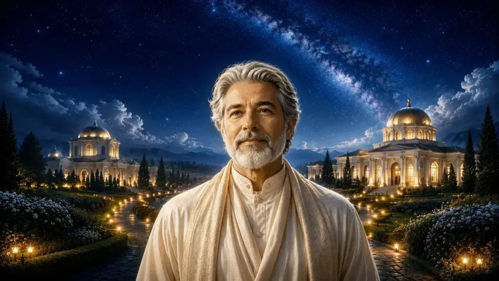Propósito de Vida no Espiritismo é simbolizado nesta imagem por um homem maduro de cabelos e barba grisalhos, vestindo roupas brancas e uma estola, que sorri serenamente para a câmera. Ele está em um jardim celestial com edifícios iluminados de estilo palaciano ao fundo, sob um céu noturno estrelado onde a Via Láctea está visível, transmitindo uma profunda sensação de espiritualidade e paz interior.