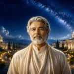Propósito de Vida no Espiritismo é simbolizado nesta imagem por um homem maduro de cabelos e barba grisalhos, vestindo roupas brancas e uma estola, que sorri serenamente para a câmera. Ele está em um jardim celestial com edifícios iluminados de estilo palaciano ao fundo, sob um céu noturno estrelado onde a Via Láctea está visível, transmitindo uma profunda sensação de espiritualidade e paz interior.