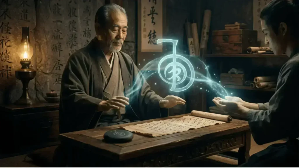 Símbolos do Reiki: História, Significado e a Verdade Sobre Sua Origem Segundo a Tradição e a Evolução do Reiki 1 Um mestre de Reiki idoso com trajes tradicionais japoneses transmite um símbolo de Reiki brilhante e luminoso (Cho Ku Rei) para as mãos em forma de concha de um jovem estudante, sobre uma mesa de madeira com rolos e pedras em uma sala de estudo antiga.