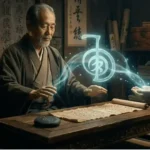 Um mestre de Reiki idoso com trajes tradicionais japoneses transmite um símbolo de Reiki brilhante e luminoso (Cho Ku Rei) para as mãos em forma de concha de um jovem estudante, sobre uma mesa de madeira com rolos e pedras em uma sala de estudo antiga.